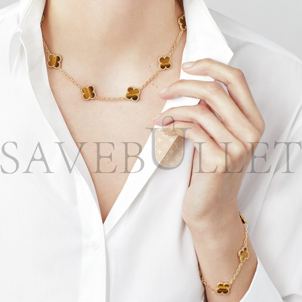 VAN CLEEF ARPELS VINTAGE ALHAMBRA NECKLACE, 10 MOTIFS - YELLOW GOLD, TIGER EYE  VCARD40700